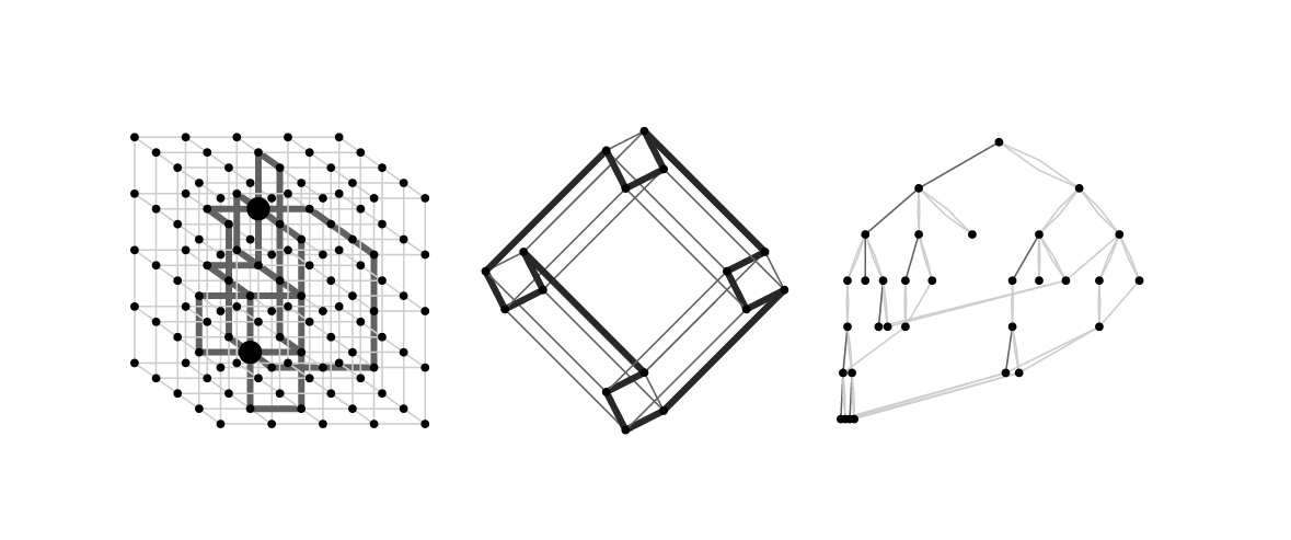 Representative Combinatorica graphs: edge-disjoint paths (left), Hamiltonian cycle in a hypercube (center), animated depth-first search tree traversal (right)